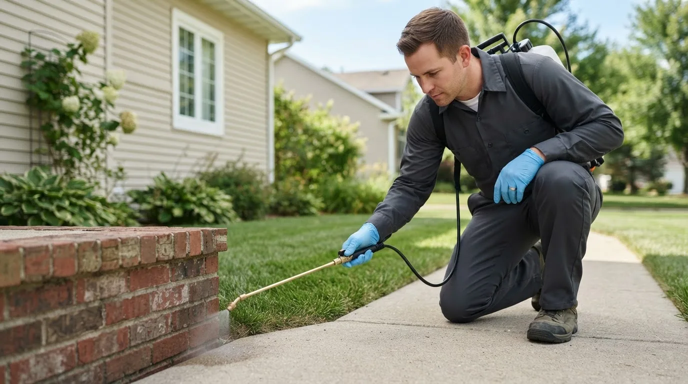 Pest control technician treating a home near Reinbeck, IA