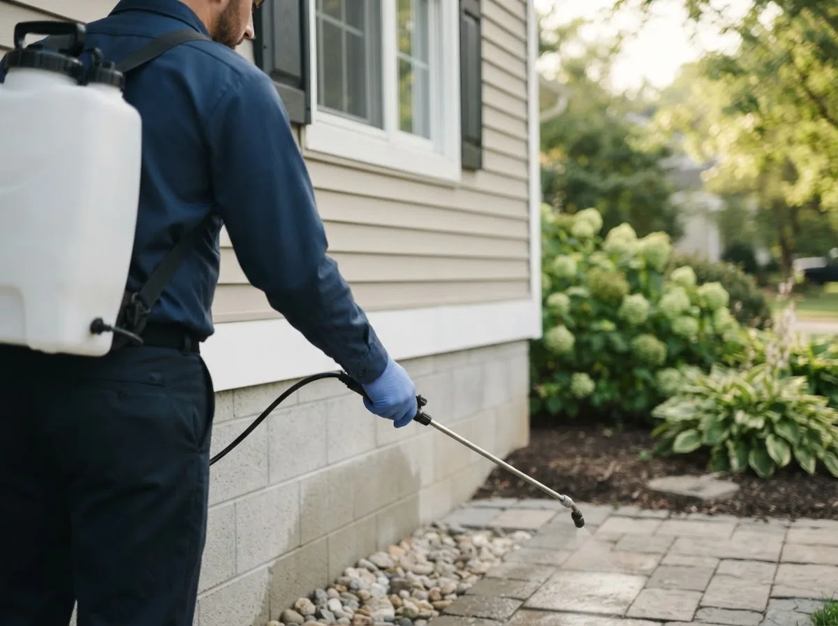 Pest control technician inspecting a home in Reinbeck, IA